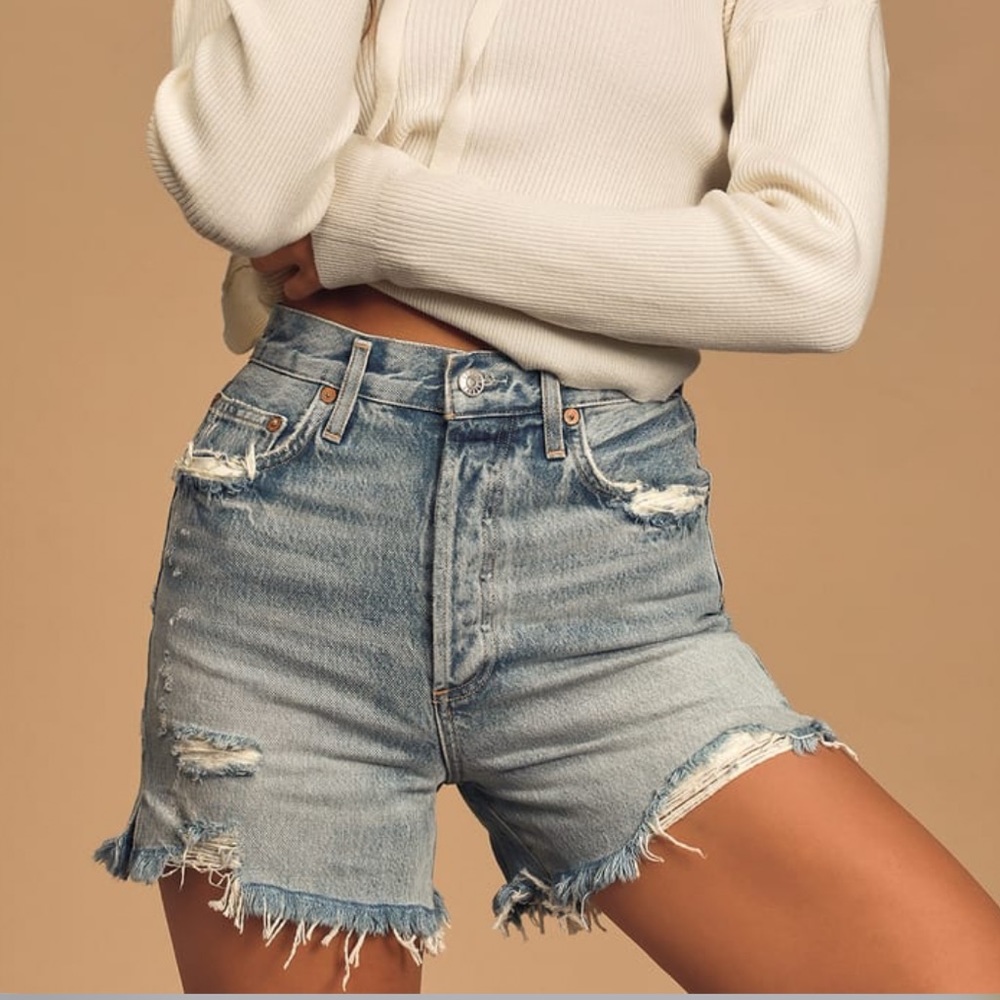 AGOLDE - Dee light wash distressed denim high-rise shorts